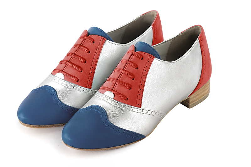 Denim blue, light silver and scarlet red women's fashion lace-up shoes.. Front view - Florence KOOIJMAN